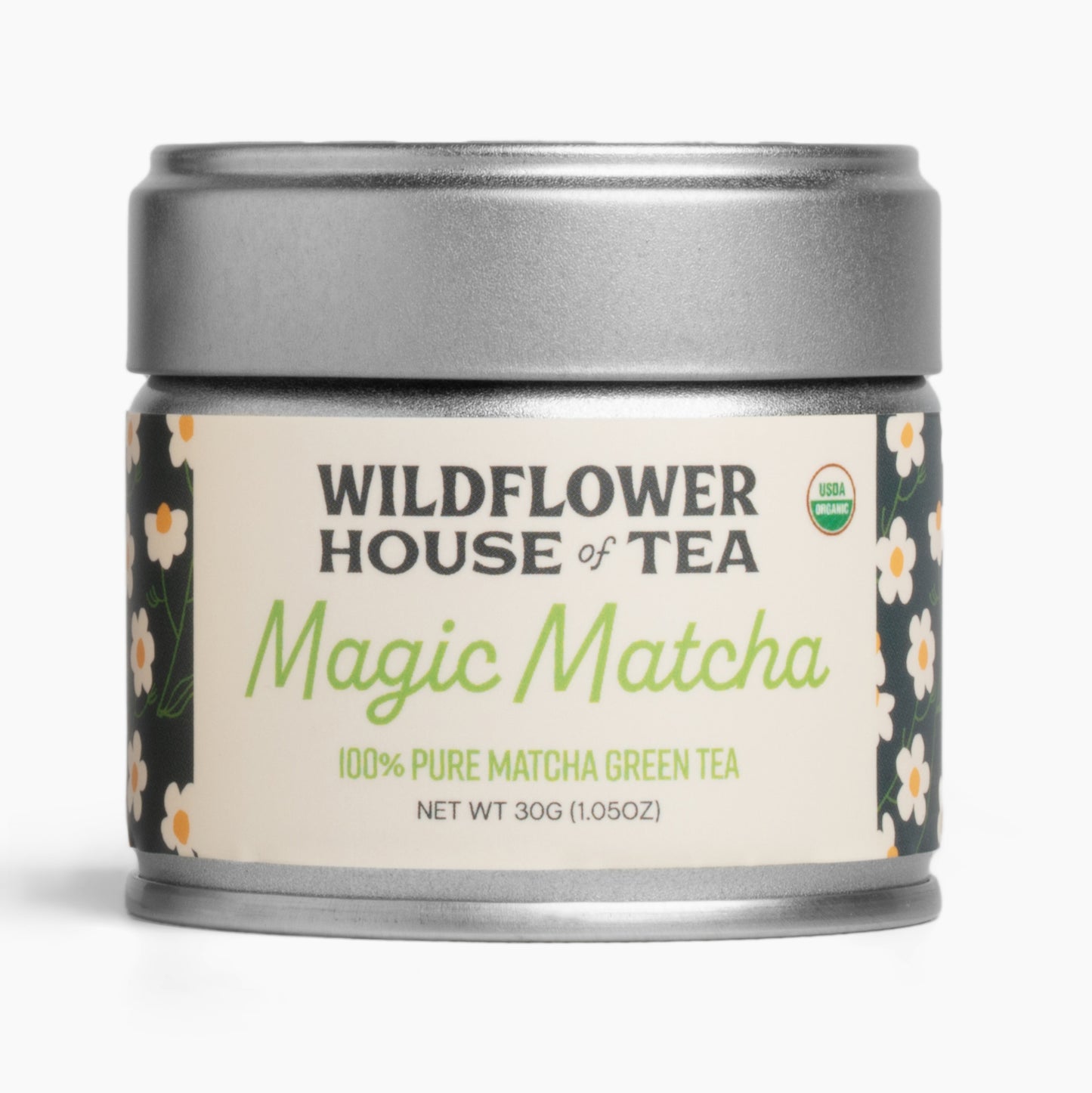Canister of Wildflower House of Tea Magic Matcha on a white background