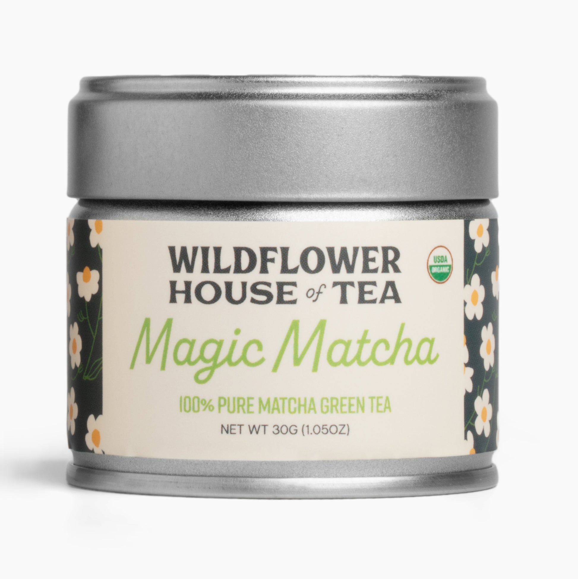 Canister of Wildflower House of Tea Magic Matcha on a white background